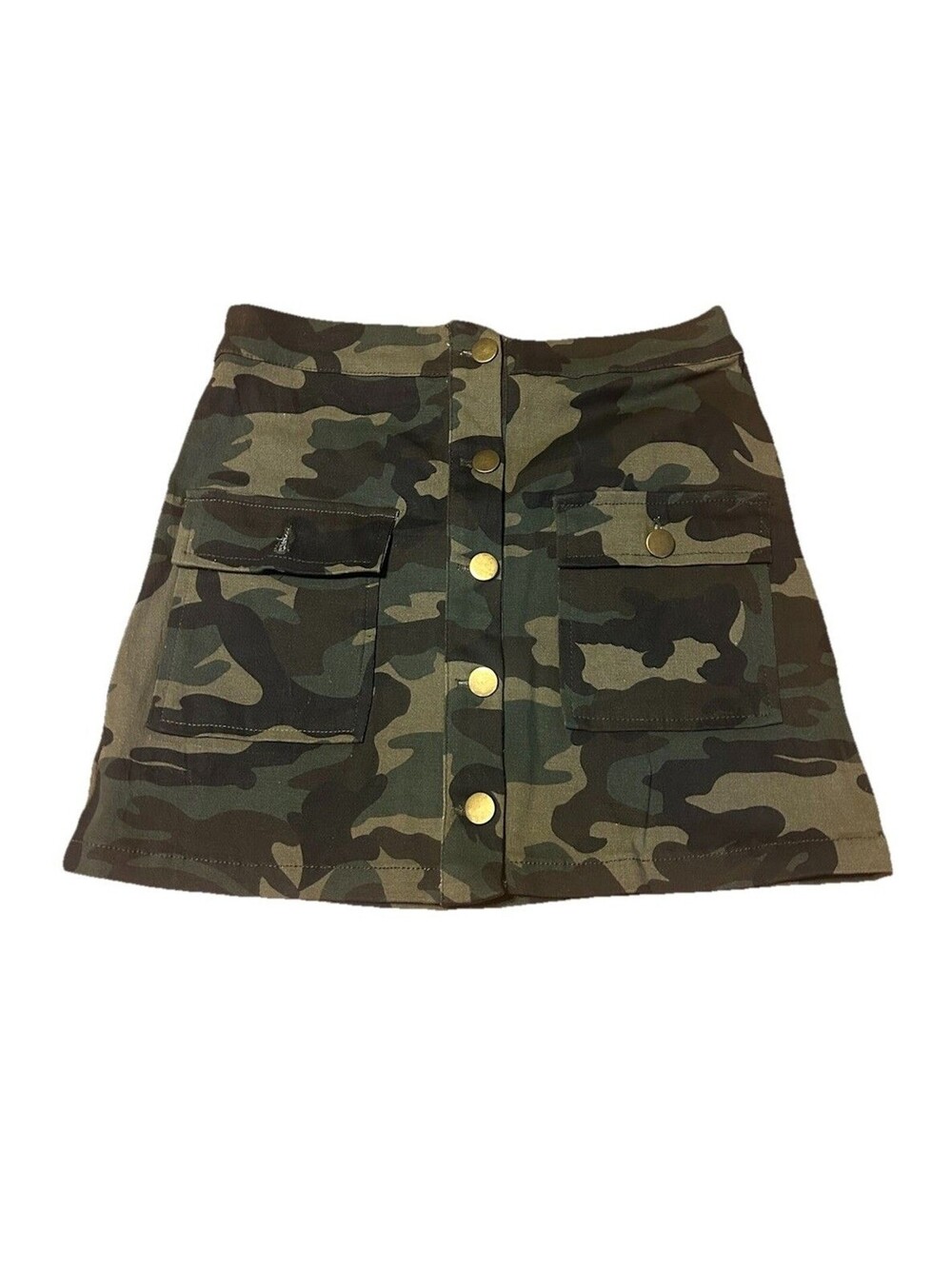 Camo Mini Skirt Womens Small Button Front Cargo Pockets Stretch